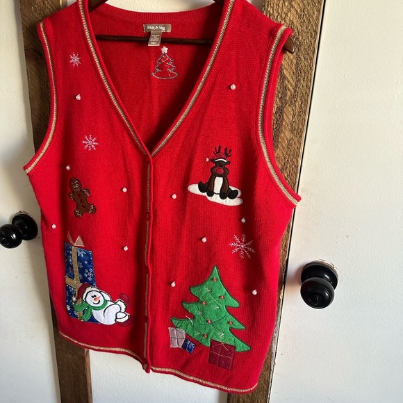 VTG White Stag Festive Whimsical Christmas Sweater Vest Trees Snowman Women’s - Picture 11 of 13